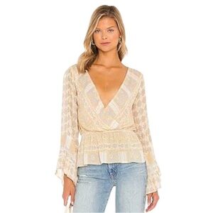 Free People Rosalie Wrap Blouse XS Yellow Gray Boho Bell Sleeve Surplice Peplum